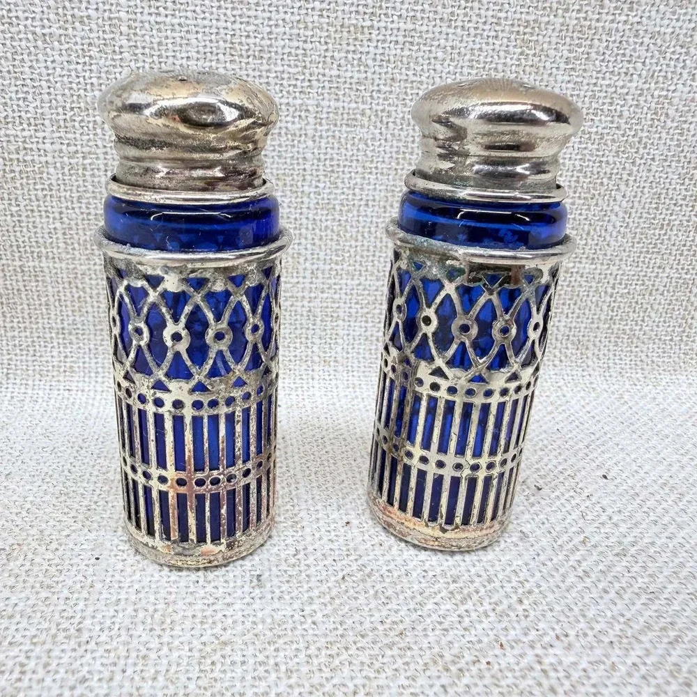 Vintage Cobalt Blue Glass Silver Filigree Salt and Pepper Shakers Set of 2